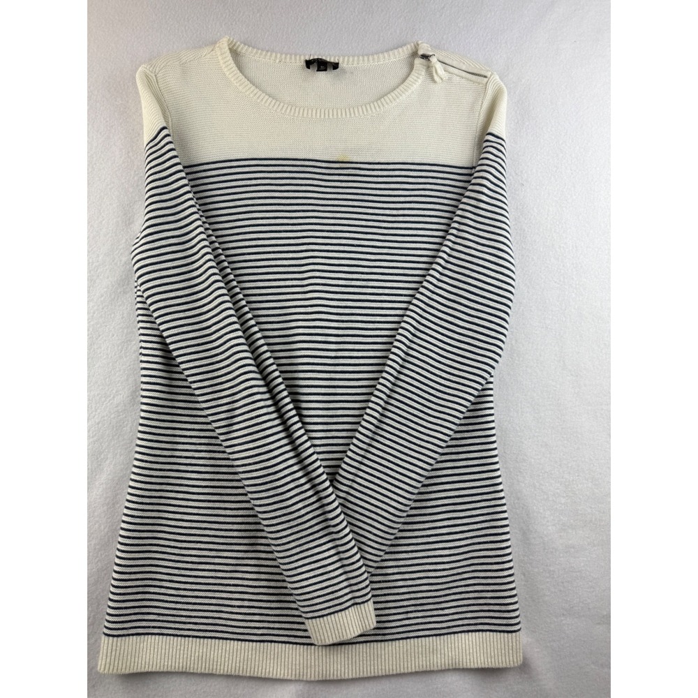 Talbots Petites Striped Knit Crew Neck Sweater Ivory Navy Blue‎ Size SP